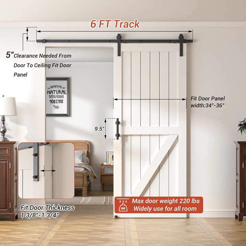 FLYVLIEG 6FT Heavy Duty Sliding Barn Door Hardware Kit（1x Floor