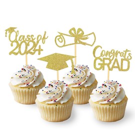 2024 Graduation Theme Cupcake Toppers Glitter Class of 2024 Graduation Cap Diploma Cupcake Picks - Set of 24 (Gold)