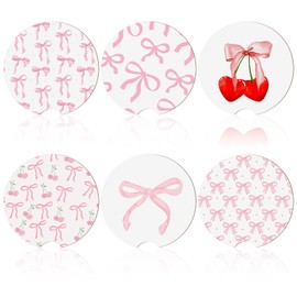 Sieral 6 Pcs Pink Bow Car Coasters for Car Cup Holders Cute Coquette Absorbent Cork Coasters with Finger Notch Bow Accessories for Women, Pink and White