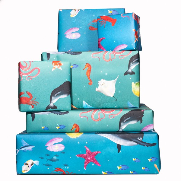 CENTRAL 23 - Wrapping Paper for Kids - 6 Gift Wrap Sheets - Under the Sea - Blue - For Boys Girls Children Birthday - Vegan Ink and Recyclable