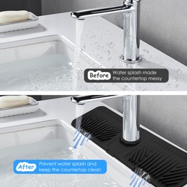 Qinthory 17.5 inch Silicone Faucet mat for Kitchen Sink, Handle Drip Catcher Tray, Dish Soap Sponge Holder, Drying Mat for Bathroom Kitchen Sink Splash Guard, Sink Accessories (Black)