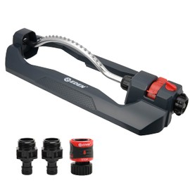 Eden 94106 Turbo Oscillating Sprinkler, Covers Up to 4,000 sq. ft., 18 Precision Nozzles, Weighted Base, Adjustable Range, Flow Control Knob, Quick Connect Bundle, Black, Silver, Red
