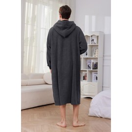 Vulcanodon Mens Hooded Robe, Plush Fleece Bathrobes for Men Long Cozy Warm Spa Robe(Dark Grey, S/M)