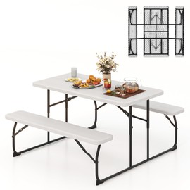 MEDIMALL Folding Picnic Table Bench Set, Outdoor Camping Table Set, Portable Folding Table w/2 Benches for Patio, Garden, Lawn, Poolside, Rectangular Picnic Table w/Heavy Duty Frame, Grey (White)