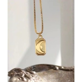 Boho Gold Mystic Moon Minimalist Tag Necklace - 18K PVD Gold Plated- Waterproof