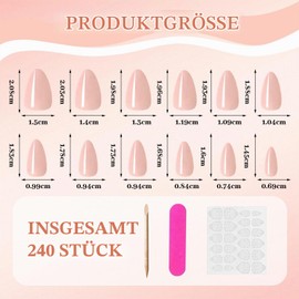LunarCharm 240 Pieces Almond Shape Glue On False Nails Short False Nails Acrylic Full Cover for Women and Girls, 12 Sizes, Nude Pink
