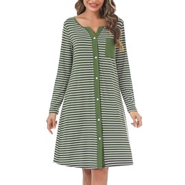 Marvmys Women's Long Nightgown Cotton Nightdress Stripe Nightshirt Long Sleeve V Neck Sleep Dress Soft Ladies Relaxed Nightshirt Sleepwear Green L
