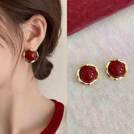 Xmsrn Vintage Red Pearl Stud Earrings Red Half Pearl Earrings Round Coral Earrings Red Coral Stud Earrings Red Pearl Earrings For Women, Zinc, No Gemstone