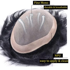 blazingfire Mens Toupee Hair Piece System for Men Indian Human Hair Fine Mono with Npu Protesis Capilar hombre Hair Replacement Wig Male Toupee Hairpiece 7x10 Inch Black Color