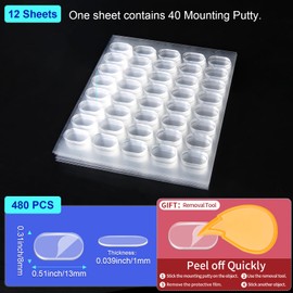 480 Pcs Mounting Putty Adhesive Dots Removable Sticky Tack for Wall Hanging Things, Clear Tacky Wall Putty fits Pictures Poster Tack Non Marking 0.31" X 0.51"