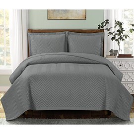 Royal Hotel Bedding Queen Size Chervon Gray Coverlet 3pc Set, Luxury Microfiber Embossed Print Quilted by Royal Hotel