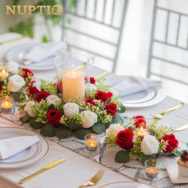 NUPTIO Hurricane Glass Candle Holders: 6 Pcs Cylinder Floating Candles Vases with 13.4 inch Large Fake Flower Wreath Crimson & White Silk Roses Floral Centerpiece in Bulk for All Seasons Party Decor