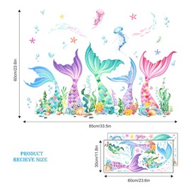 Supzone Mermaid Tail Static Window Clings Under The Sea Mermaid Bubble Seaweed Summer Window Decals Anti-Collision Glass Doors Mirror Stickers for Kids Girls Bedroom Bathroom Decorations