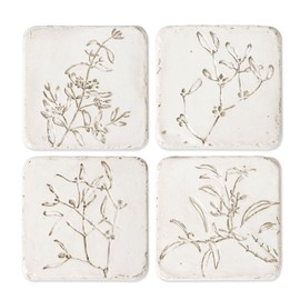 HOME PALETTE Botanical Coasters for Drinks Set of 4, 4.02 Inch Square Resin with Cork Base, Plant Floral Design, Absorbent Coasters for Bar Desk Coffee Table, White
