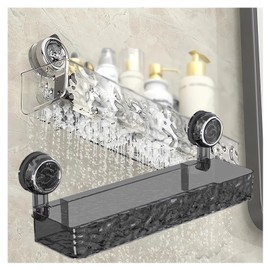 Corrugated Suction Cup Storage Holder Corner Shower Caddy Large Organizer Bathroom Shelf Clear Acrylic Shower Tray Shelves Inside Floating Shower Wall Shelf Bath Basket Rack Heavy Duty (Rect-Grey)