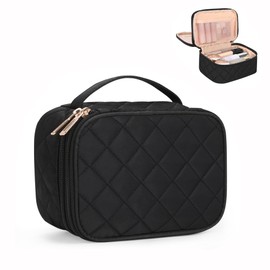 Relavel Small Makeup Bag, Waterproof 2-layer Cosmetic Travel Bag, Makeup Case with Brush Holder, Make Up Travel Bags for Women (Light Pink)