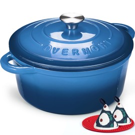 Overmont Enameled Cast Iron Dutch Oven - 7QT Pot with Lid Cookbook & Cotton Potholders - Heavy-Duty Cookware for Braising, Stews, Roasting, Sourdough Baking blue