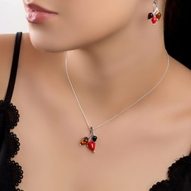 HENRYKA Sterling Silver, Amber and Coral Beech Leaf Necklace, Woodland Jewellery Gift