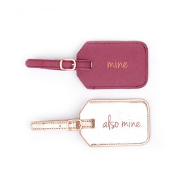 Miamica “Mine/Also Mine” Luggage Tags, Set of 2 Faux Leather Suitcase Tags with Sturdy Buckle Straps, 6.85" x 3", Pink & Gold, Cute Travel Gifts