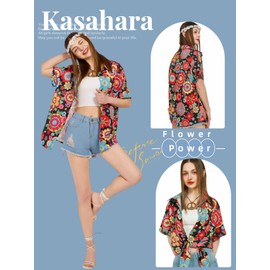 Hippie Tops Women's Hawaiian Blouse Costume Set Flower Power Shirt Women Vintage Outfit Shirt 70s Clothing Casual Retro Tops Carnival Fancy Dress Costume, black, L