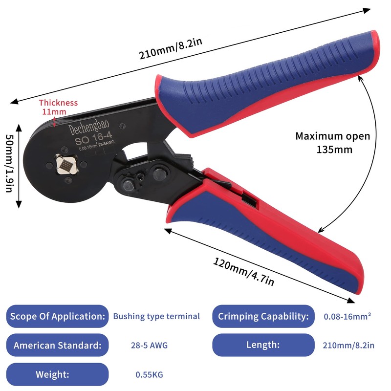 Ferrules Crimping Tool, Square Jaw Wire Crimping Tool (0.08-16mm²), Ferrule