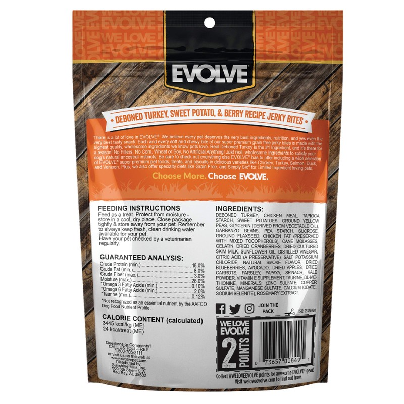 Evolve Grain Free Turkey, Pea, and Berry Jerky Bites Dog