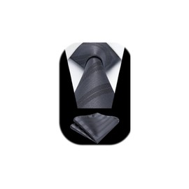HISDERN Mens Grey Tie and Pocket Square Set Classic Formal Business Stripe Necktie and Handkerchief