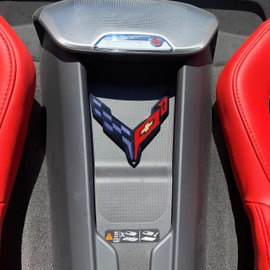 C8 Corvette Waterfall Wireless Phone Charging Bay Black Crossed Flag Emblem Size: 4.5" x 4.5" Fits: 2020 and Later