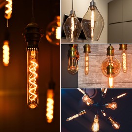 Grensk E26 40 Watt Long Light Bulb,7.3inch Tubular Light Bulbs Dimmable,4W T10 LED Edison Bulbs 400LM,2700K Warm White Antique Spiral Filament Type T Bulb,110V,Amber(4-Pack)