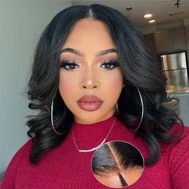 5x5 Wear and Go Glueless Bob Wig Human Hair Pre Plucked Pre Cut Glueless Wigs for Black Women Body Wave Lace Front Wigs Human Hair No Glue Lace Closure Wig for Beginners 180% Density 12 Inch