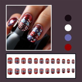 LBPEPAMZ 24Pcs Independent Day Press on nails 4th of July Short Square Fake Nails with American Flag Design Red Blue Line Stars Full Cover False Nails Glossy Silver Acrylic Glue on Nails for Women