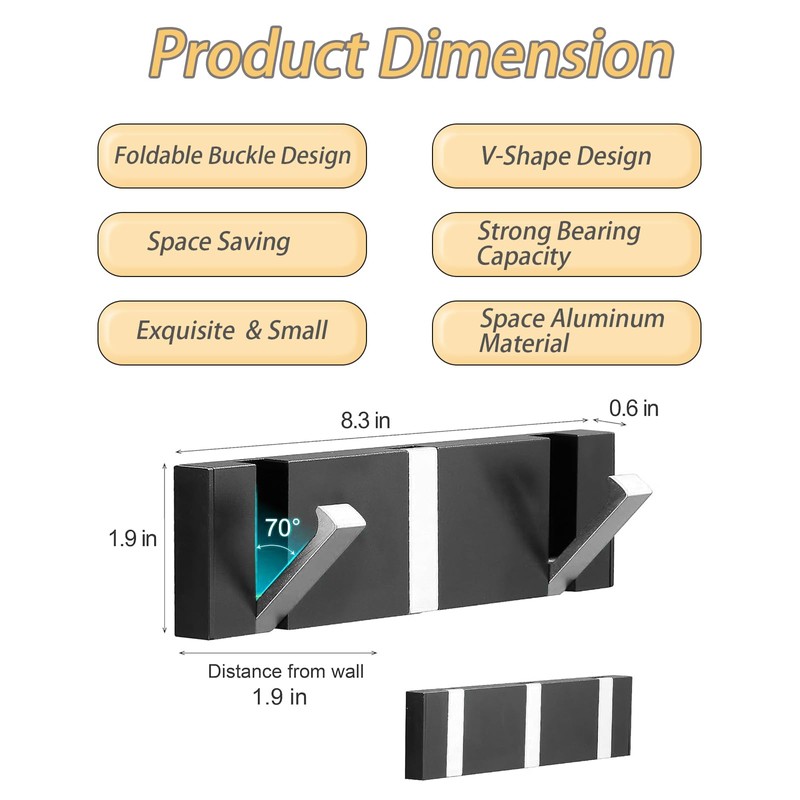 Wall Coat Hooks, 3 Folding Hooks, Stainless Steel, Modern Hook
