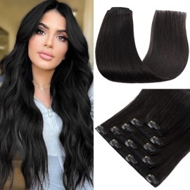 S-noilite Clip in Hair Extensions Human Hair Natural Black, 5pcs 75g Invisible Straight Remy Clip in Remy Hair Extensions for Women 22 Inch