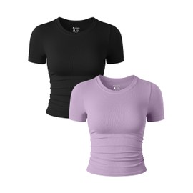 OQQ Womens 2 Piece Shirts Short Sleeve Crew Neck Ruched Stretch Fitted Tee Shirts Crop Tops Black Taro Purple