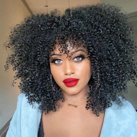 Fancy Hair Afro Curly with Bangs Kinky Curly Wig Synthetic Glueless Bomb Curly Wig for Black Women Natural Black