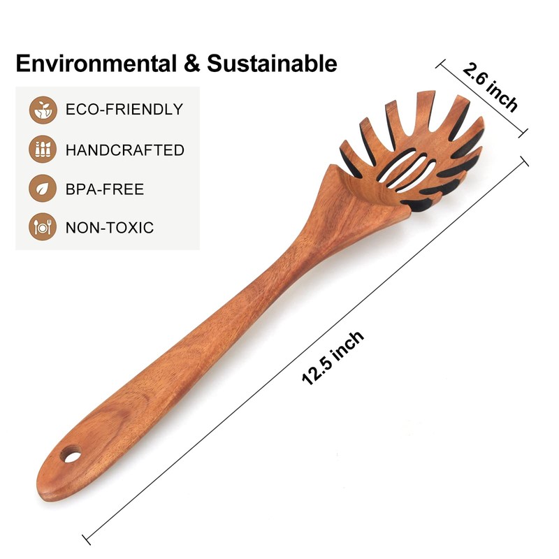 Wooden Pasta Spoon with Teeth Spaghetti Fork Tongs 12.5 Inch
