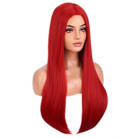BERON 28 Inches Red Wig for Women Long Straight Wig Neon Red Wigs for Daily Party Hairnet Include