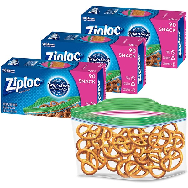 Ziploc Snack Bags with New Grip 'n Seal Technology, Ideal for Packing Cookies, Fruits, Vegetables, Chips and More, 90 Count, Pack of 3 (270 Total Bags)