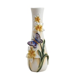 FORLONG Ceramic Vase, Hand-Painted Butterflies and Lilies Flowers Home Decor Bouquet Holder- 10" Tall