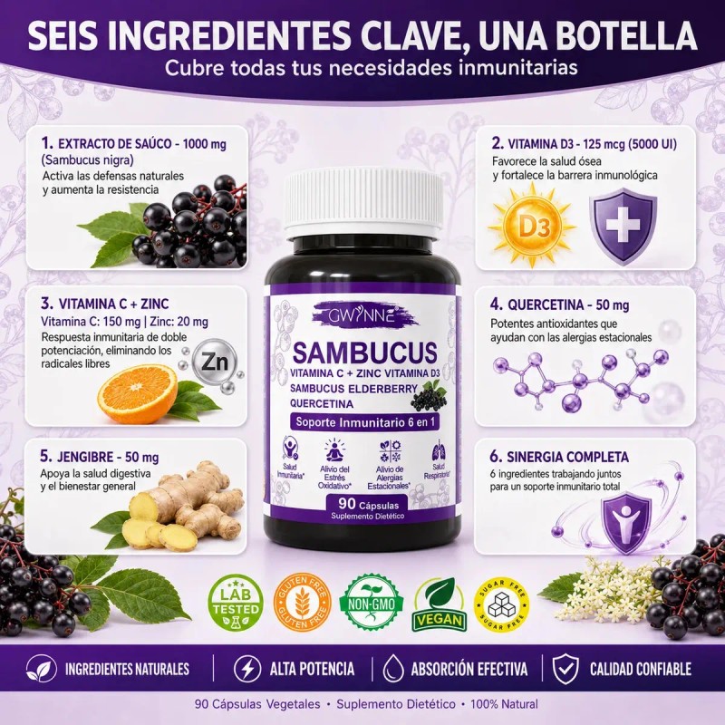 Gwynne Sambucus Suplemento Extracto Sauco 1000mg Vitamina Zinc Quercetina Soporte