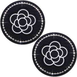 MEAJOO Bling Cup Coaster for Car – 2-Pack 2.75 Inch Silicone Holder Insert, Universal Fit, Anti-Slip & Durable, Decorative Car Accessories (Black Flower)