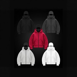 New Spring/Fall Crossover Balaclava Hooded Zip-up Sweatshirt Outerwear lf1179 Free Size/XXXL Red 3ea