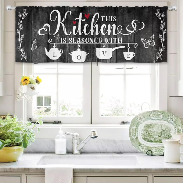 MESHELLY Black Kitchen Curtains 52Wx18H Inch Rod Pocket Farmhouse Valance