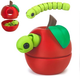 3D Printed Apple Container with Worm Flexi Inside,3D Printed Animals Toys,STEM Educational Toy for Nature Learning,Fun Sensory Fidget Toy for Kids, Unique Fun Decoration (Red)