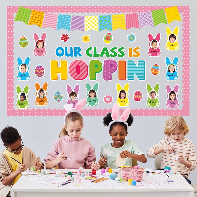 Qyeahkj 60Pcs Easter Bulletin Board Decoration Easter Egg Bunny Cutout