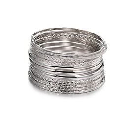 Caiyao Layers Bohemica Stackable Bracelets Set Indian Wedding Multi Textured Pearl Beads Gold Bangle Bracelet Fashion Simple Handcuffs Wrist Bangle for women Jewelry-E Silver