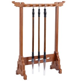 PH PandaHall 12-Pin Wenge Brush Holder Wood Brush Holder Chinese Calligrapghy Brush Hanger Carving Calligraphy Sumi Brush Holder with 3pcs Chinese Calligraphy Brushes Pen for Students Beginners