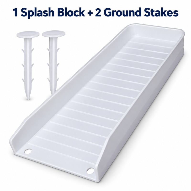 Rainwater Gutter Downspout Splash Block – White Ribbed PP Plastic