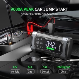 Upgraded 9000A Car Jump Starter with Air Inflator/Deflator Compressor, 9 in 1 Portable Jumper Box Power Pack Charger (All Gas/14L Diesel) Combo Cordless Air Pump for Tire Inflator & Large LCD Screen