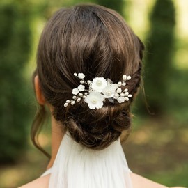 PRETTYLIFE White Flower Hair Clips Wedding Bridal Pearls Sakura Silver Leaf Hair Pieces Accessories for Women